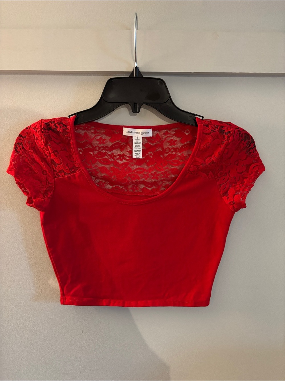 Ambiance Vibrant Red Lace Sleeve Crop Top
